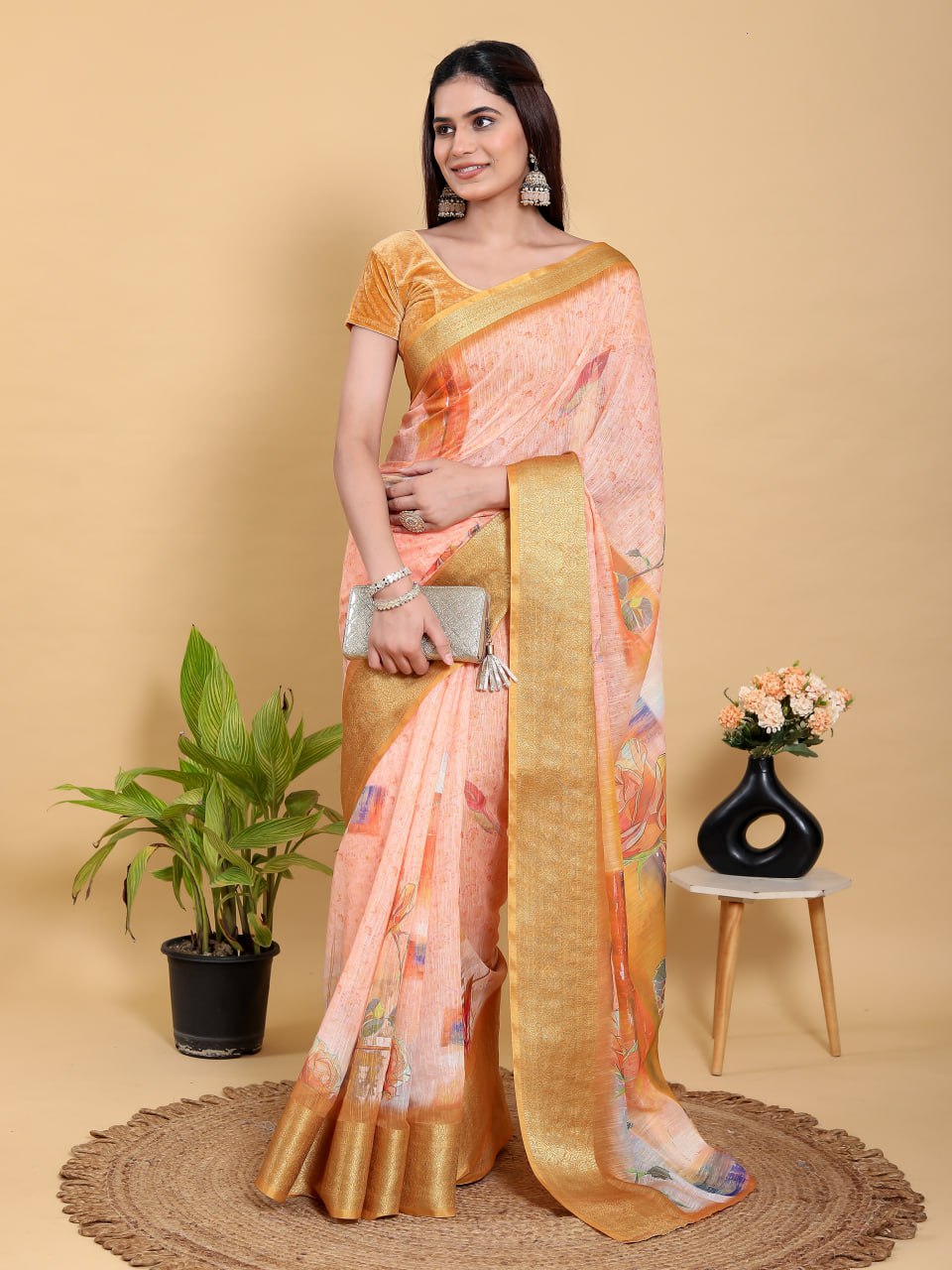 Abstract Peach & Gold Floral Linen Cotton Saree | Jacquard Patta Saree with Antique Gold Border